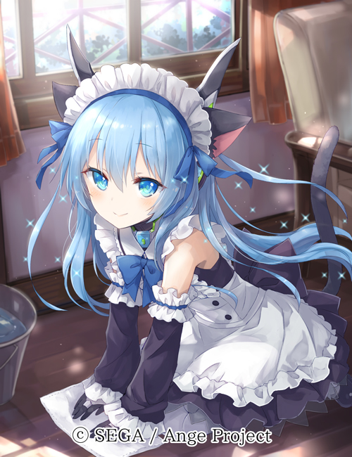 1girl, ange_vierge, animal_ears, bare_shoulders, black_gloves, blue_bow, blue_eyes, blue_hair
