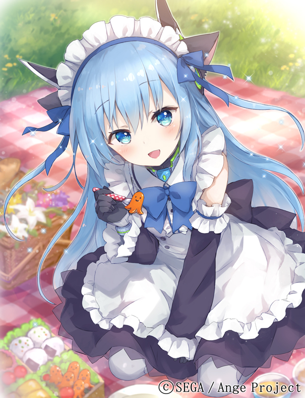 1girl, :d, ange_vierge, animal_ears, black_gloves, blanket, blue_bow, blue_hair