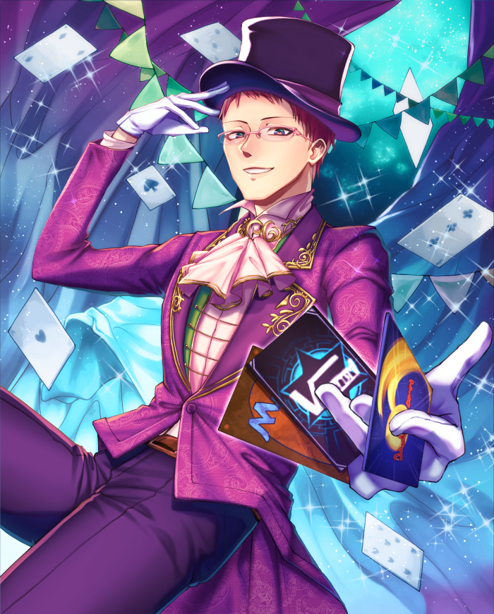 1boy, black_hat, card, copyright_request, glasses, gloves, hand_up, hat