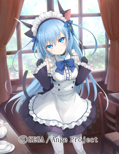1girl, ange_vierge, animal_ears, black_gloves, blue_bow, blue_eyes, blue_hair, bow