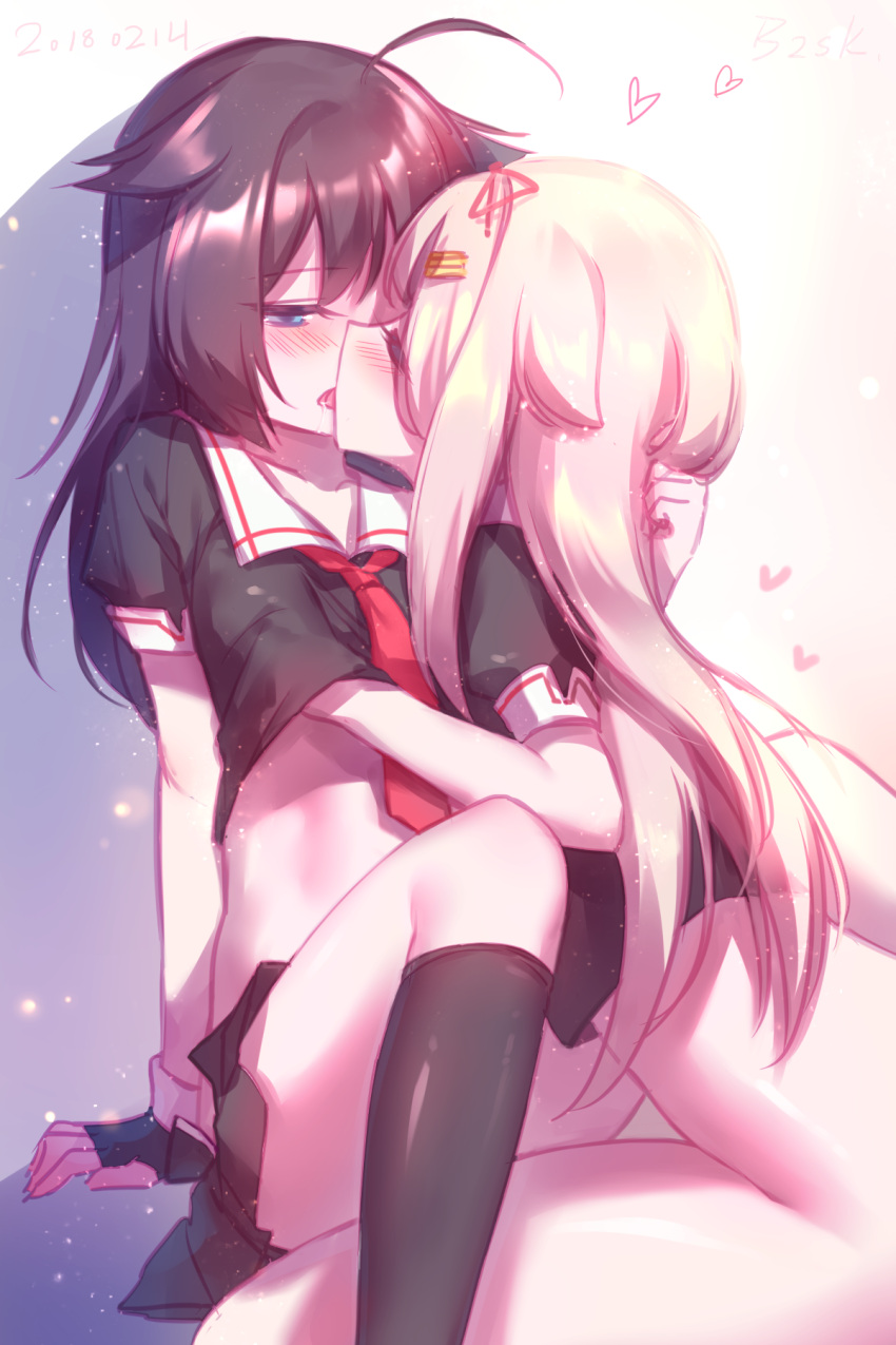 2girls, ahoge, arm_support, baozishark, black_gloves, black_hair, black_legwear, black_serafuku, black_shirt, black_skirt, blonde_hair, blue_eyes, blush, bottomless, breast_grab, breasts, closed_eyes, collarbone, eyebrows_visible_through_hair, fingerless_gloves, french_kiss, gloves, grabbing, hair_between_eyes, hair_ornament, hair_ribbon, hairclip, heart, highres, kantai_collection, kiss, kneehighs, long_hair, midriff, miniskirt, multiple_girls, necktie, pleated_skirt, red_neckwear, red_ribbon, ribbon, school_uniform, serafuku, shadow, shigure_(kantai_collection), shiny, shiny_clothes, shirt, short_sleeves, signature, simple_background, sitting, skirt, small_breasts, tongue, tongue_out, white_background, yuri, yuudachi_(kantai_collection)