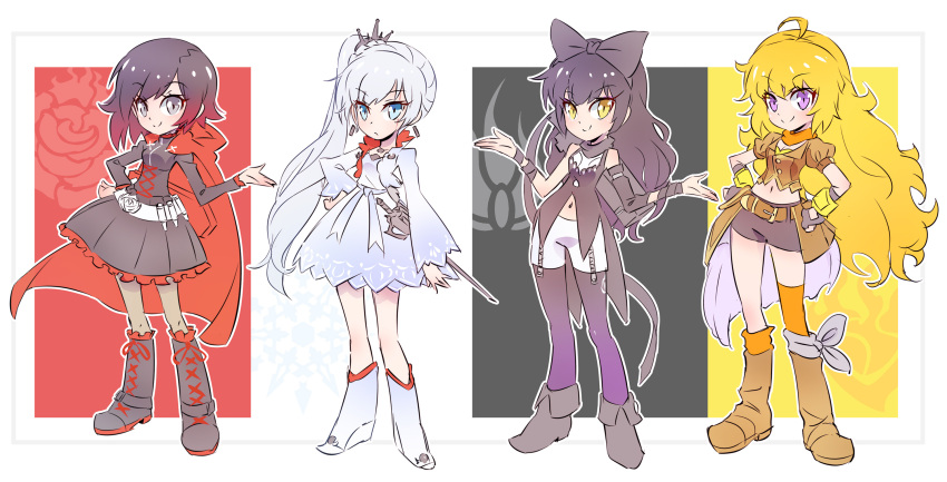 4girls, black_hair, blake_belladonna, blonde_hair, blue_eyes, chibi, commentary_request, ember_celica_(rwby)