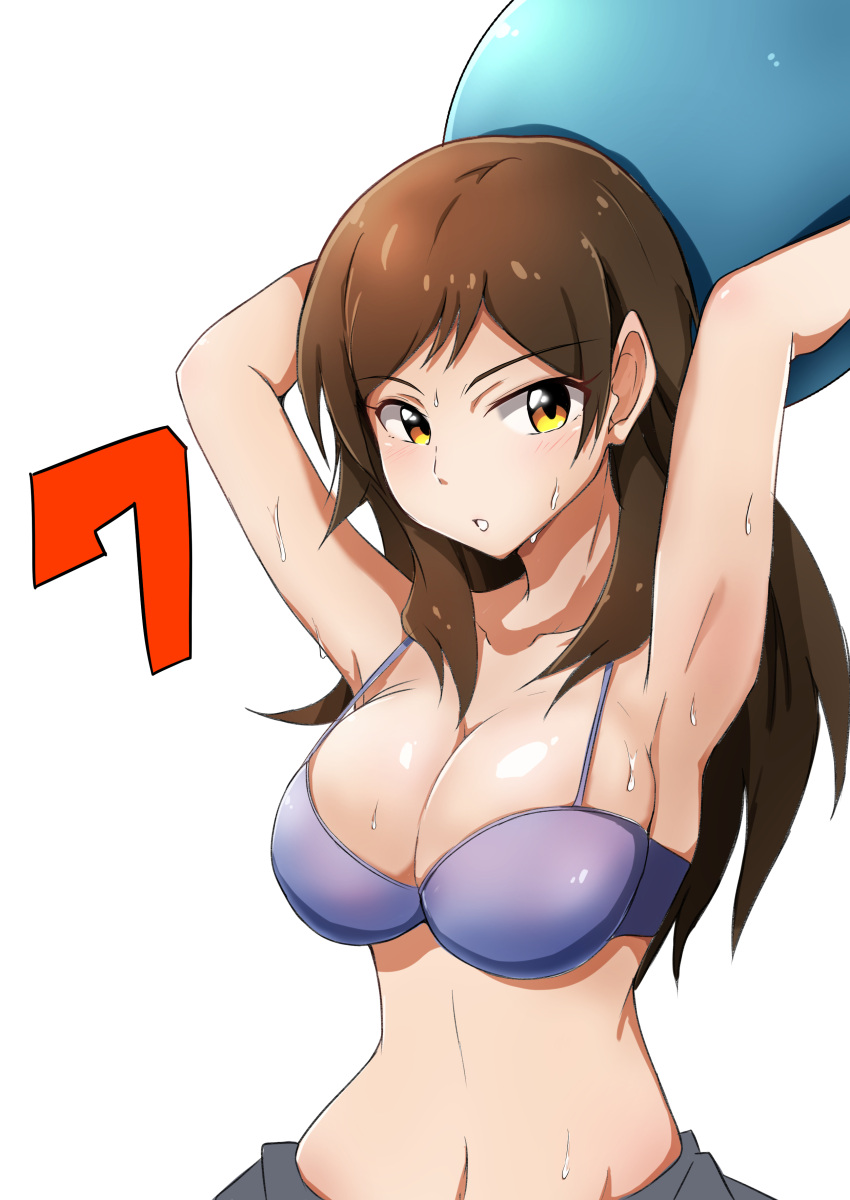 1girl, absurdres, armpits, arms_behind_head, ball, bikini, blush, breasts
