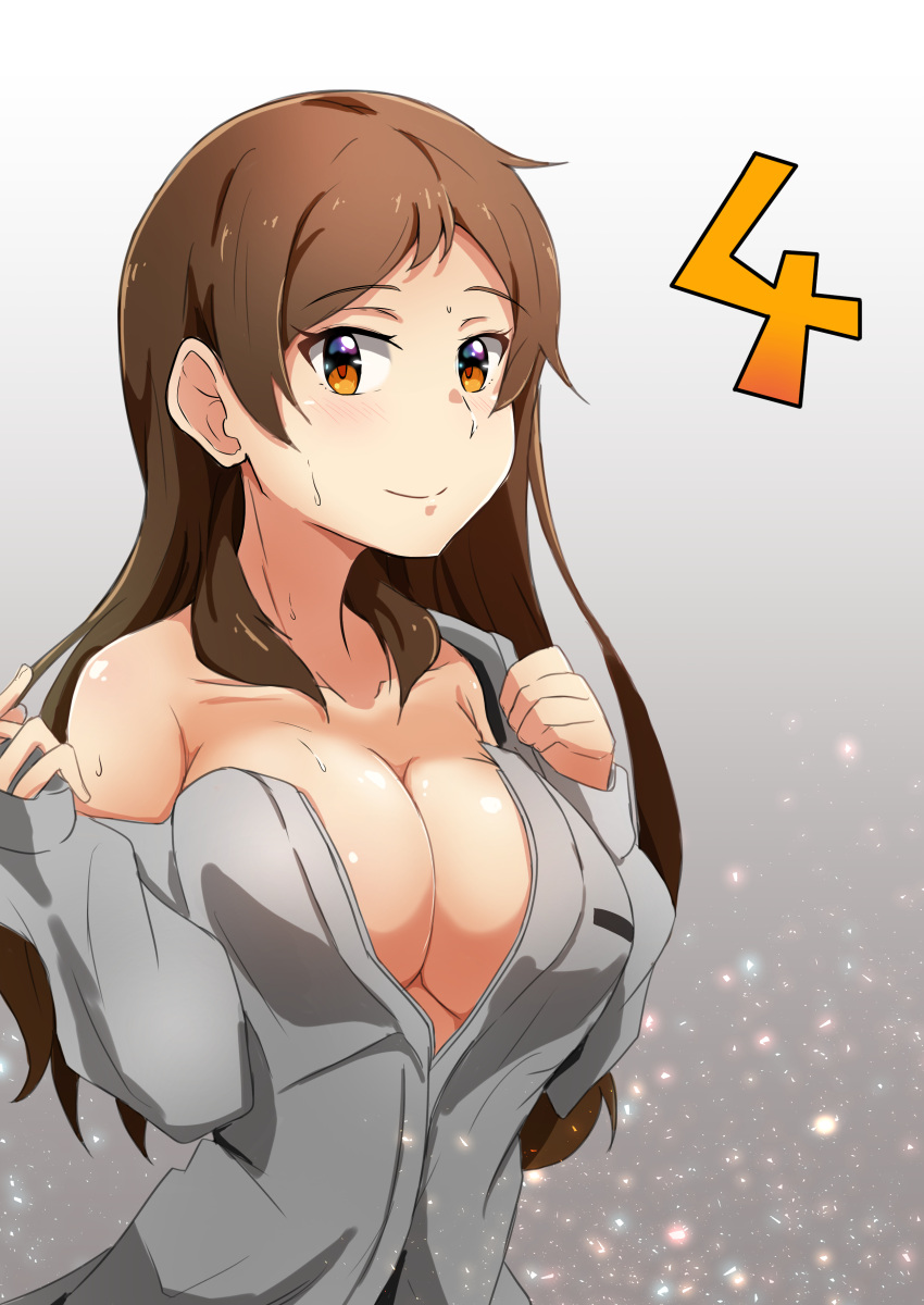 1girl, absurdres, breasts, brown_eyes, brown_hair, cleavage, gradient, gradient_background
