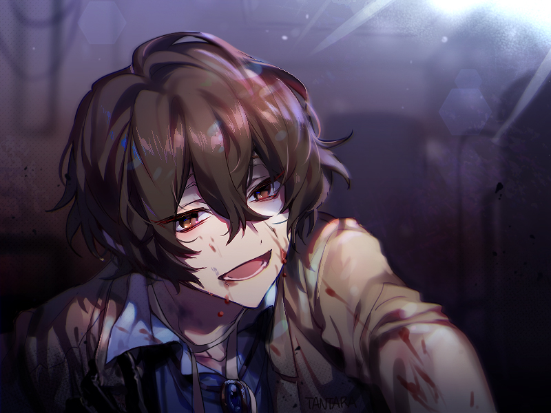 1boy, blood, blood_on_face, bloody_clothes, brown_eyes, brown_hair, bungou_stray_dogs, dazai_osamu_(bungou_stray_dogs)