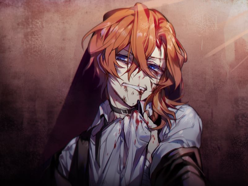 1boy, artist_name, black_choker, blood, blood_from_mouth, blood_on_face, bloody_clothes, blue_eyes