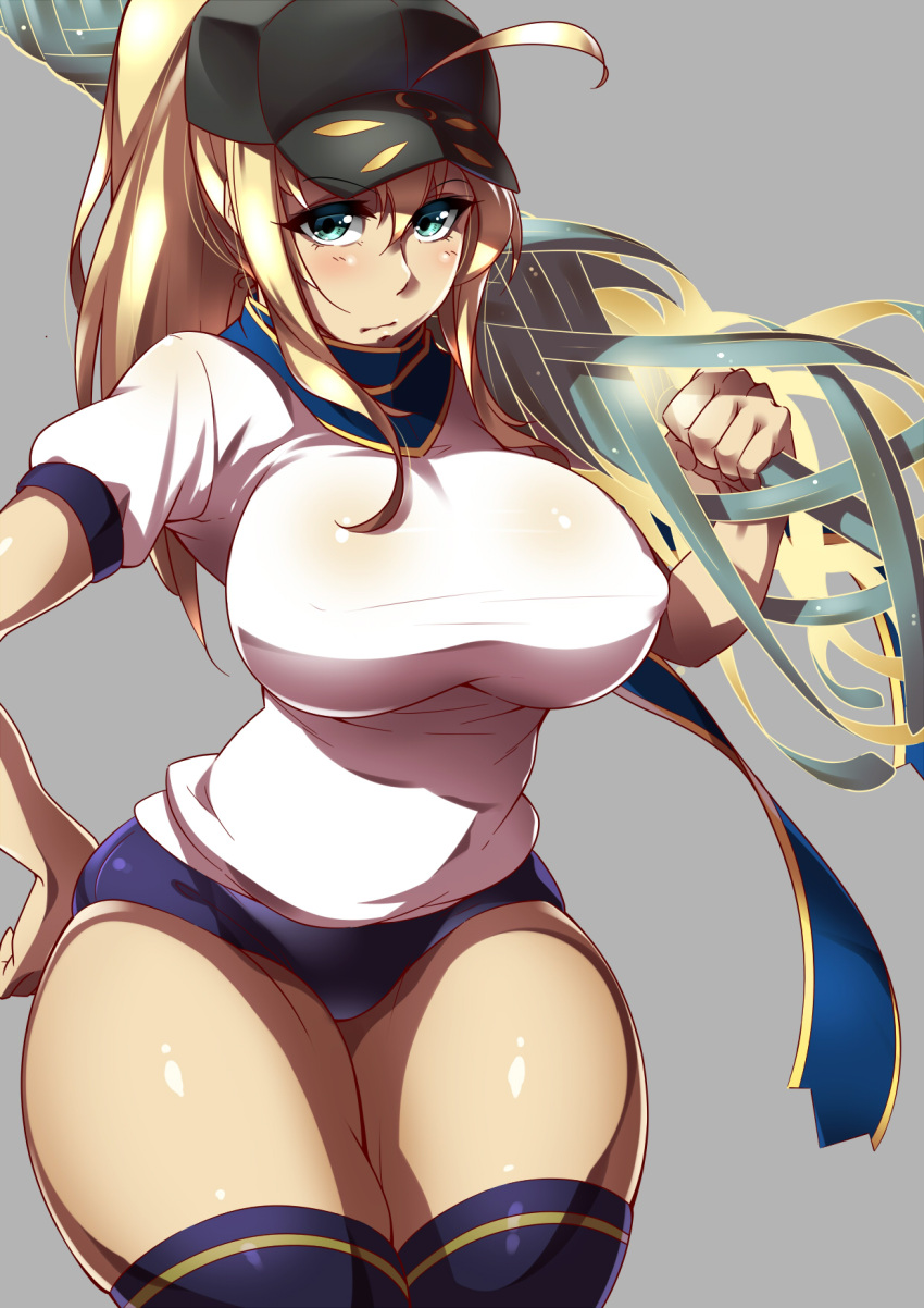 1girl, ahoge, artoria_pendragon_(all), artoria_pendragon_(lancer), breasts, cleavage, cosplay, fate/grand_order, fate_(series), gensui_(auoua), gym_uniform, hat, highres, lance, large_breasts, mysterious_heroine_x, mysterious_heroine_x_(cosplay), polearm, scarf, weapon