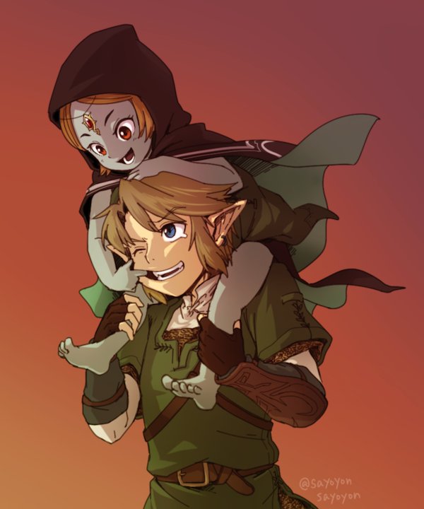 1boy, 1girl, blonde_hair, blue_skin, carrying, gloves, hat, hood, jewelry, link, long_hair, midna, midna_(true), open_mouth, orange_hair, piggyback, pointy_ears, red_eyes, sayoyonsayoyo, short_hair, smile, spoilers, the_legend_of_zelda, the_legend_of_zelda:_twilight_princess, younger