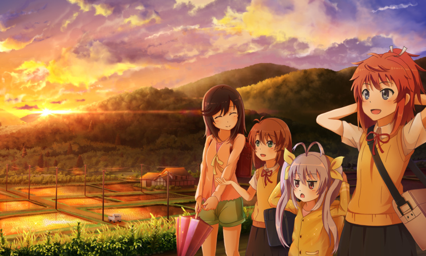 4girls, :d, antenna_hair, arms_behind_head, arms_up, backlighting, backpack, bag