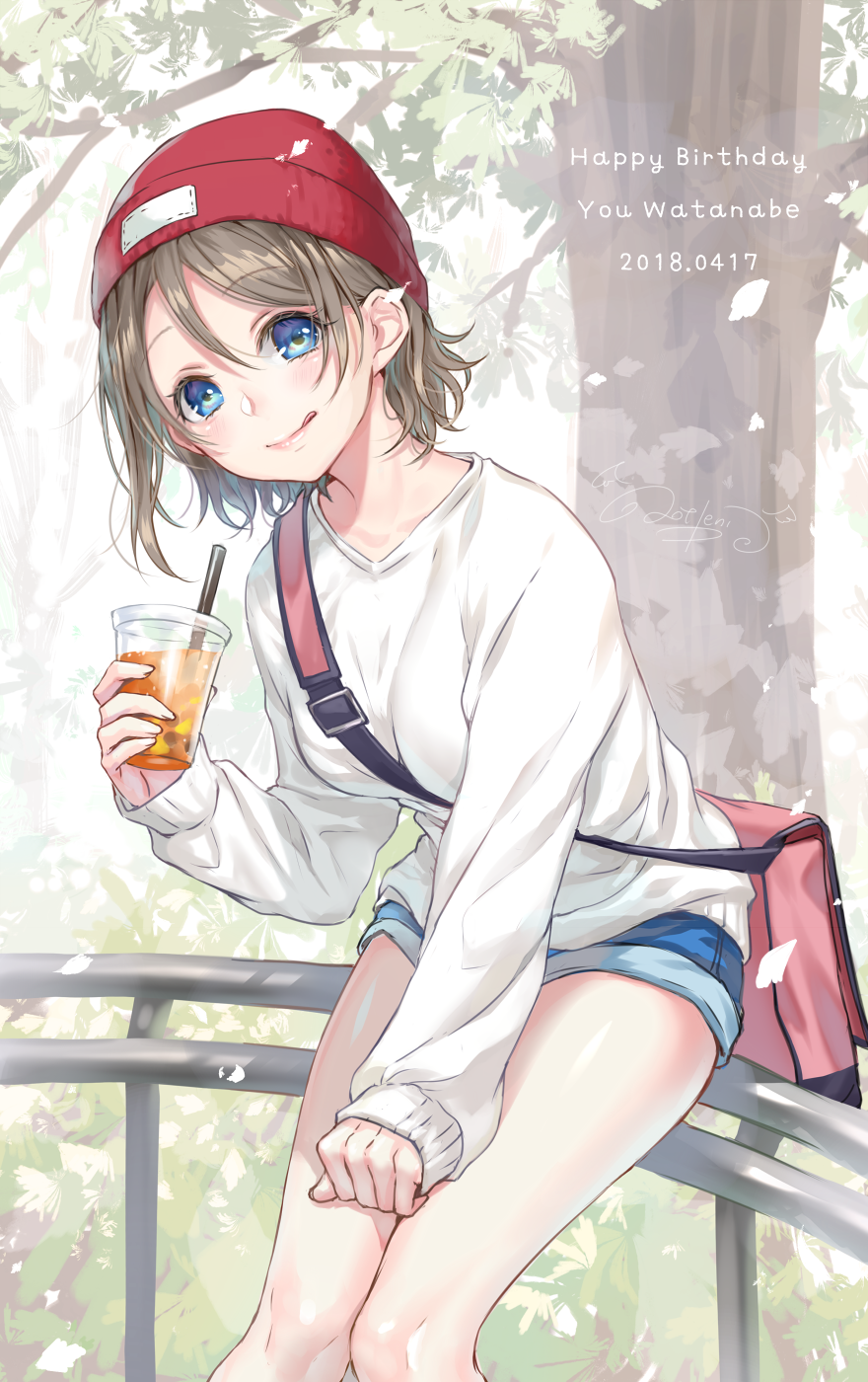 1girl, ao+beni, bag, beanie, blue_eyes, character_name, clenched_hand, cup, dated, denim, denim_shorts, disposable_cup, drinking_straw, grey_hair, hair_between_eyes, hand_on_legs, happy_birthday, hat, highres, holding, holding_cup, legs_together, licking_lips, long_sleeves, looking_at_viewer, love_live!, love_live!_sunshine!!, railing, red_hat, shirt, short_hair, short_shorts, shorts, shoulder_bag, sitting, solo, tongue, tongue_out, tree, watanabe_you, white_shirt