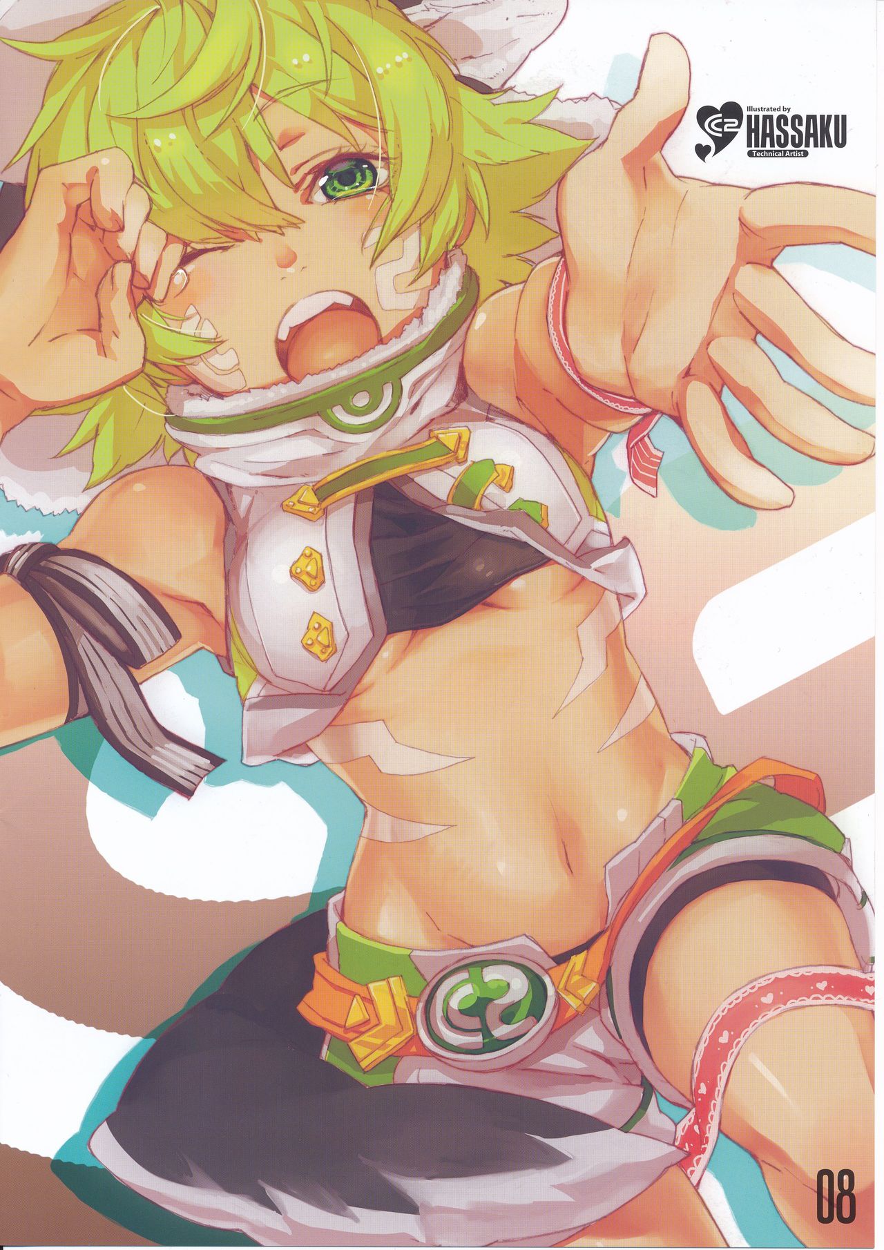 1girl, blonde_hair, cyberconnect2_(choujigen_game_neptune), green_eyes, hassaku, hat, highres, navel