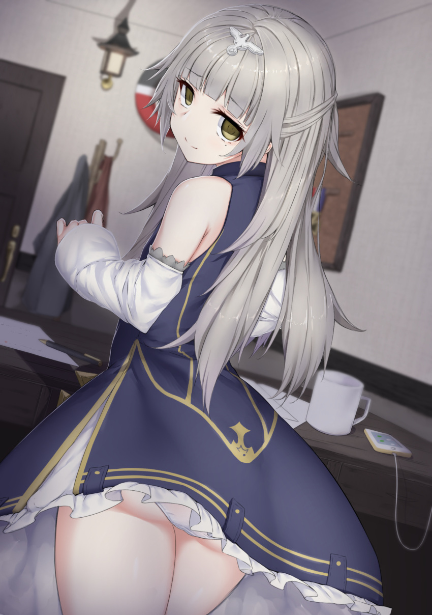 1girl, azur_lane, bangs, bare_shoulders, blue_dress, blunt_bangs, blurry, blurry_background, blush, cellphone, closed_mouth, coat_rack, cup, depth_of_field, desk, detached_sleeves, dress, eyebrows_visible_through_hair, hair_ornament, head_tilt, highres, indoors, isobeageage, long_hair, long_sleeves, looking_at_viewer, looking_back, mechanical_pencil, mole, mole_under_eye, mug, panties, paper, pencil, phone, shaded_face, silver_hair, sleeveless, sleeveless_dress, sleeves_past_wrists, smartphone, smile, solo, underwear, very_long_hair, white_panties, yellow_eyes, z46_(azur_lane)