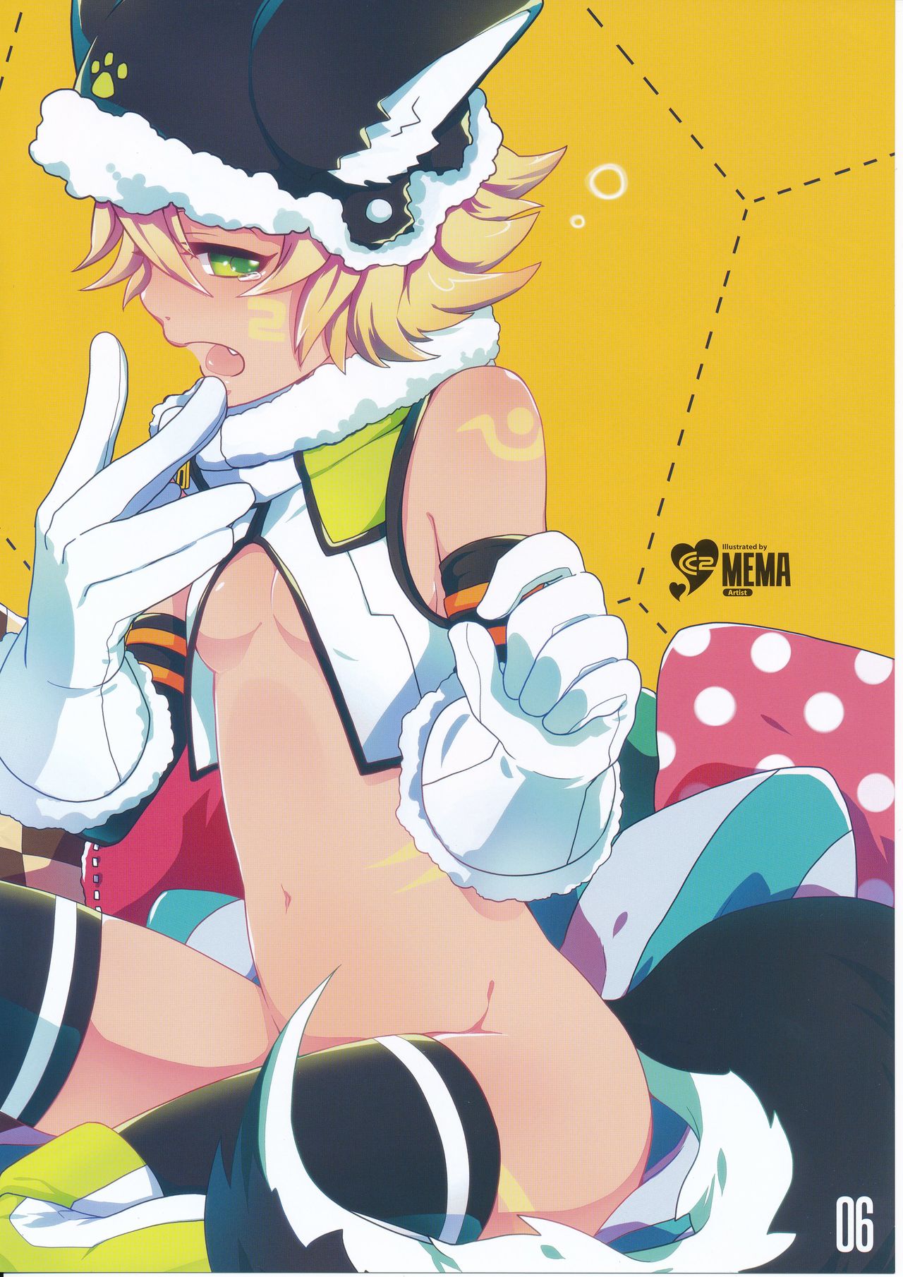 1girl, blonde_hair, cyberconnect2_(choujigen_game_neptune), fangs, green_eyes, highres, mema, navel, neptune_(series), official_art, short_hair, solo, tail, thigh-highs, yawning