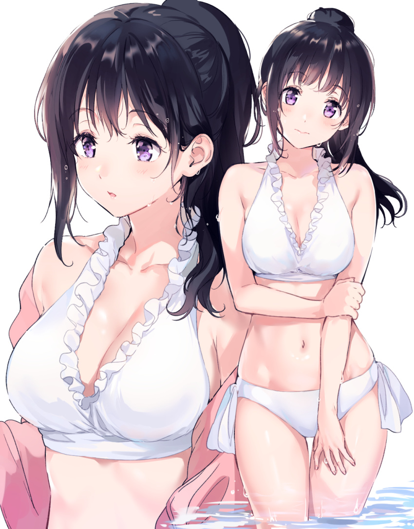 1girl, arm_grab, bikini, black_hair, breasts, chitanda_eru, cleavage, commentary_request