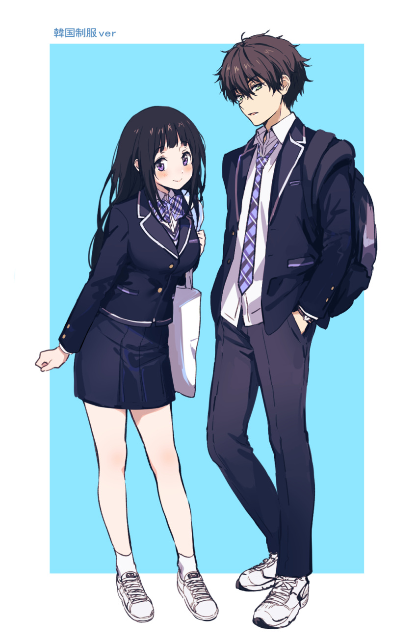 1boy, 1girl, bangs, black_hair, blazer, blunt_bangs, chitanda_eru, commentary_request