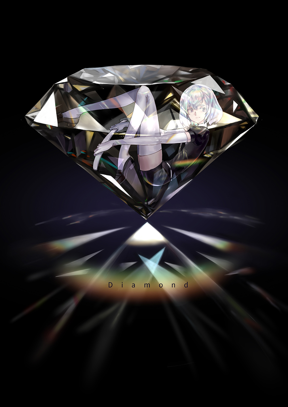 1other, androgynous, character_name, crystal, dark_background, diamond, diamond_(houseki_no_kuni), elbow_gloves