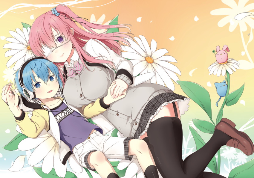 1boy, 1girl, age_difference, black_legwear, blue_eyes, blue_hair, blush, breasts, creature, eyepatch, hand_holding, headphones, large_breasts, one_side_up, original, os_(os_fresa), pink_hair, pointy_ears, shota, side_ponytail, skirt, smile, thigh-highs, violet_eyes