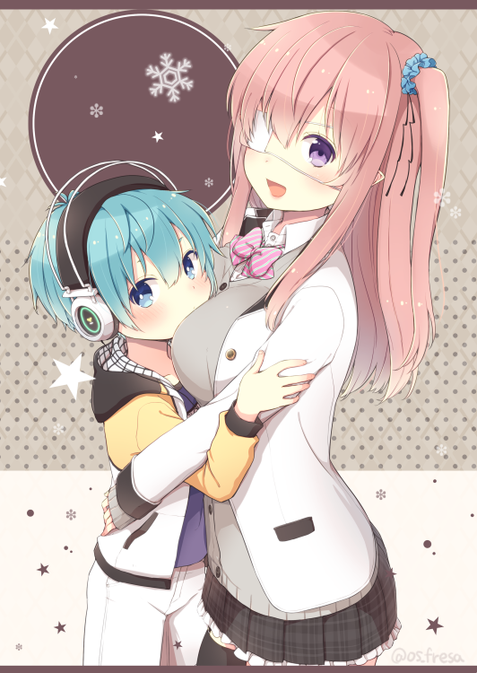 1boy, 1girl, age_difference, black_legwear, blue_eyes, blue_hair, breast_press, breasts
