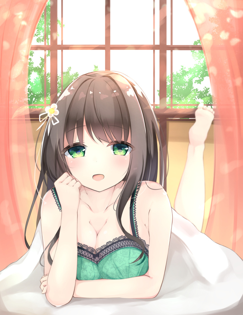 1girl, absurdres, animal_print, bare_arms, bare_shoulders, barefoot, blanket, blurry