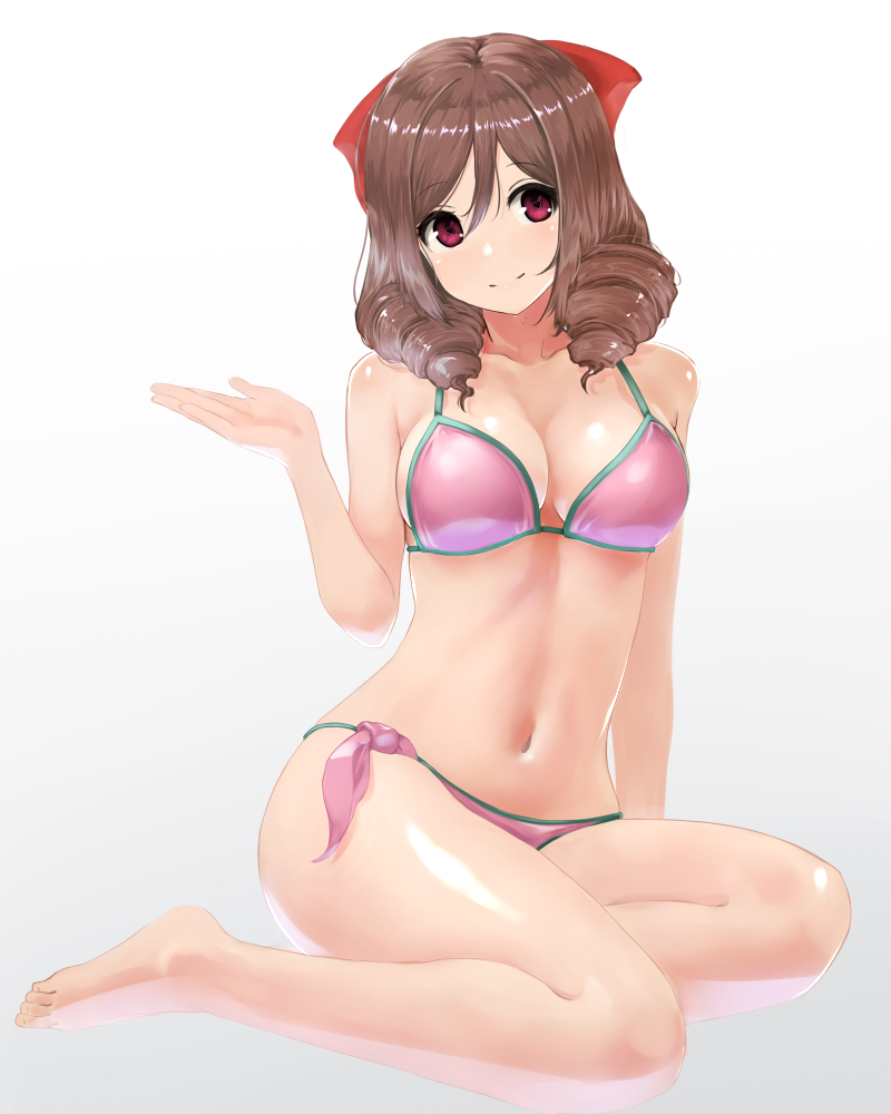 1girl, barefoot, bikini, bow, breasts, brown_hair, drill_hair, full_body