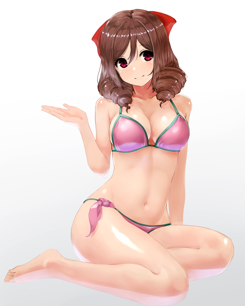 1girl, barefoot, bikini, bow, breasts, brown_hair, drill_hair, full_body