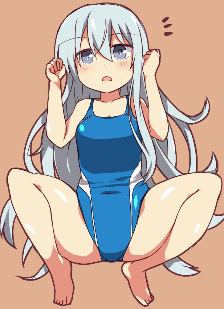 1girl, alternate_costume, barefoot, blue_swimsuit, competition_swimsuit, full_body, grey_eyes, hibiki_(kantai_collection)