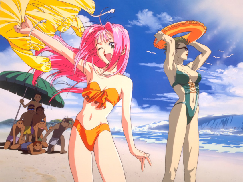2girls, 6+boys, 90s, arm_up, arms_up, beach, beach_umbrella, bikini
