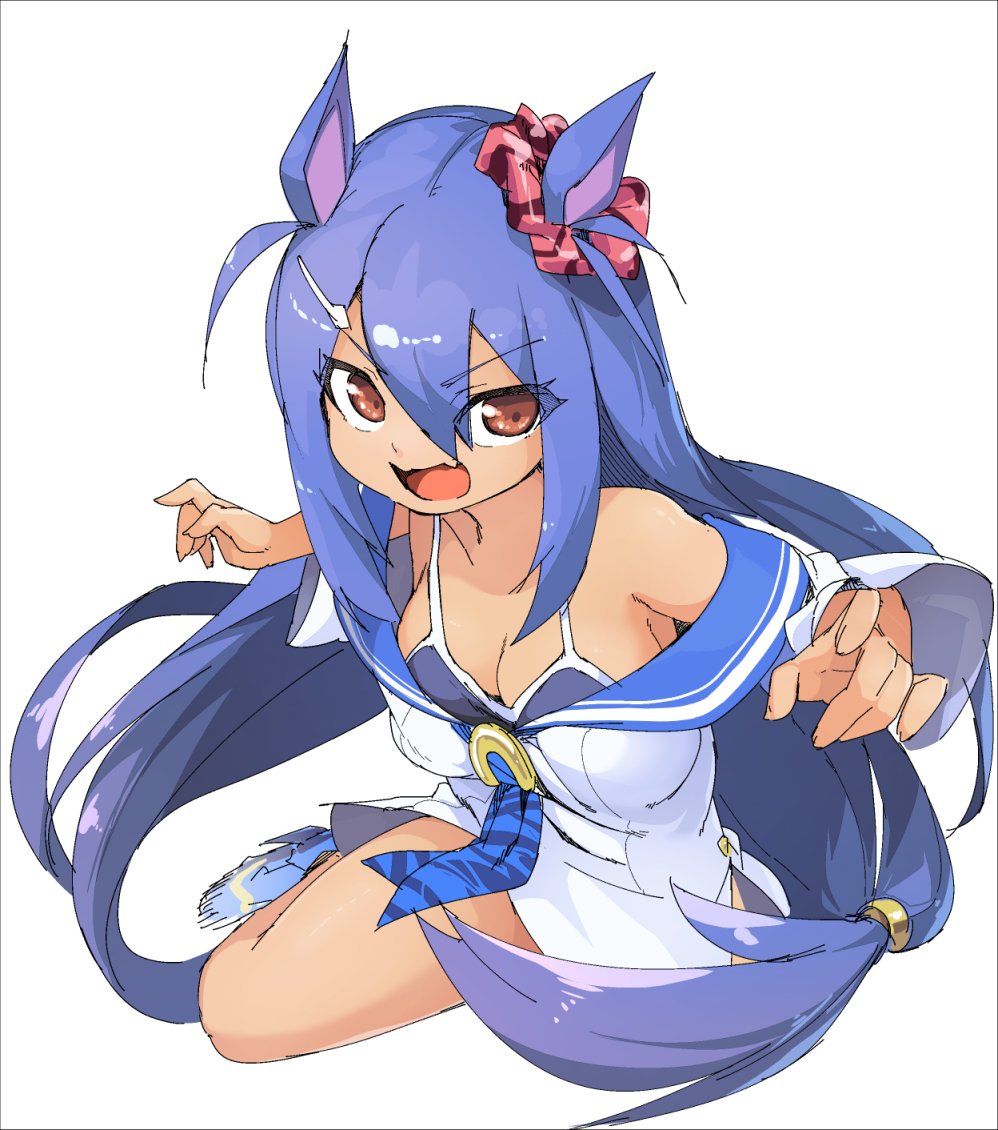 1girl, animal_ears, armpits, bare_shoulders, blue_hair, breasts, cleavage, commentary