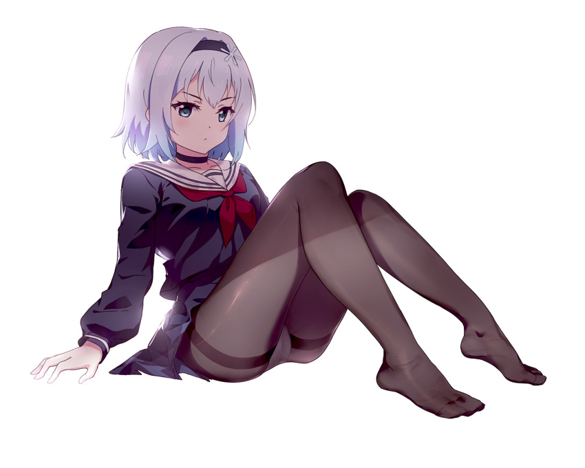 1girl, bangs, black_choker, black_hairband, black_legwear, black_serafuku, black_shirt, black_skirt