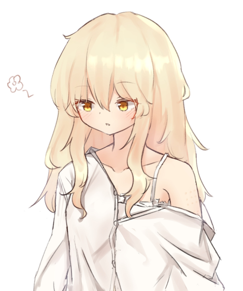 1girl, :o, blonde_hair, blush, camisole, collarbone, collared_shirt, highres
