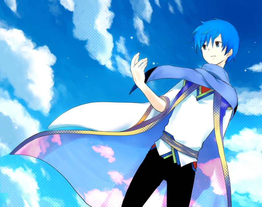 1boy, alternate_costume, bad_id, blue_hair, blue_sky, coat, kaito, karasuma