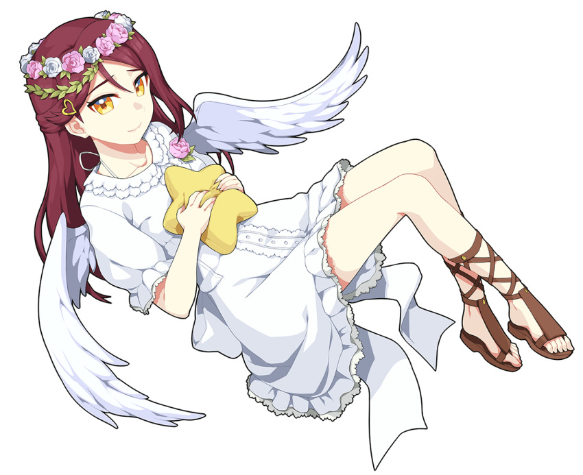 1girl, angel_wings, brown_footwear, chu_kai_man, corset, cross-laced_footwear, dress, flower