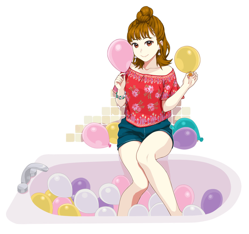 1girl, balloon, bangs, bathtub, bead_bracelet, beads, blue_shorts, bracelet