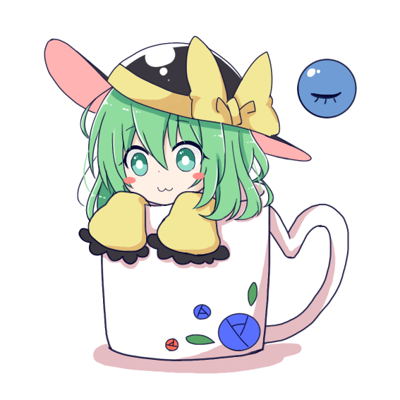 1girl, :3, bangs, black_hat, blush_stickers, bow, commentary_request, cup