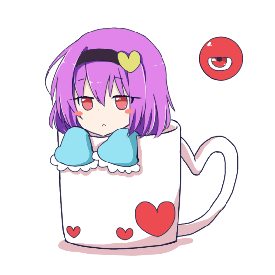 1girl, :<, bangs, black_hairband, blush_stickers, commentary_request, cup, eyebrows_visible_through_hair