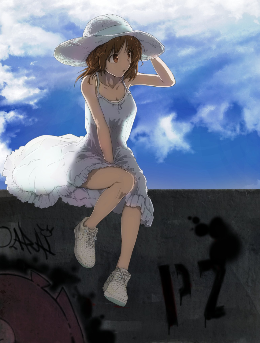 1girl, anglerfish, bangs, brown_eyes, brown_hair, casual, clouds, cloudy_sky