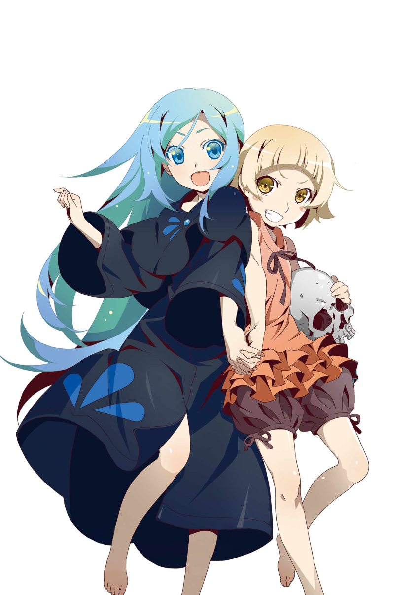 2girls, :d, barefoot, black_dress, black_ribbon, black_shorts, blonde_hair, blue_eyes