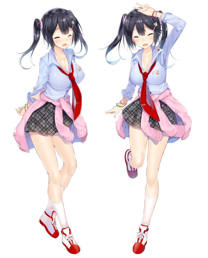 1girl, :d, absurdres, arm_up, arms_behind_back, black_hair, black_skirt, bracelet