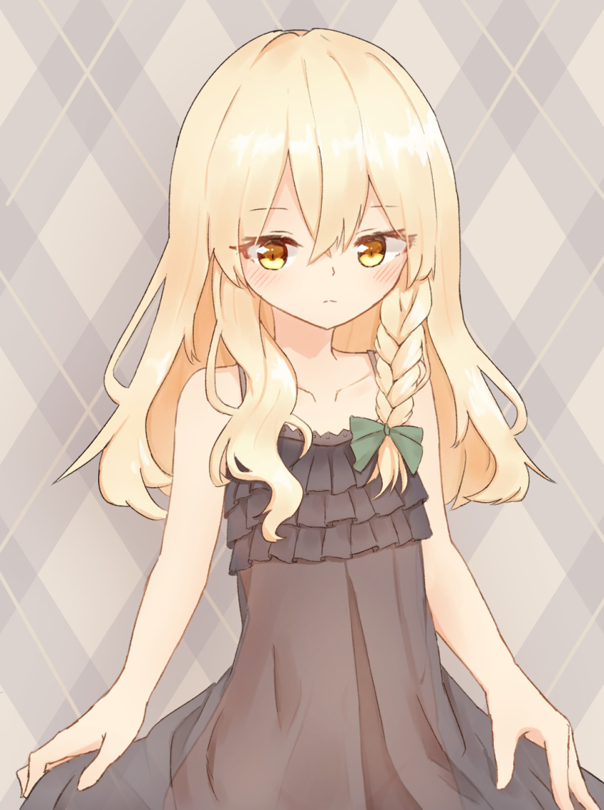 1girl, bare_arms, bare_shoulders, blonde_hair, blush, braid, cinderella_bust, collarbone