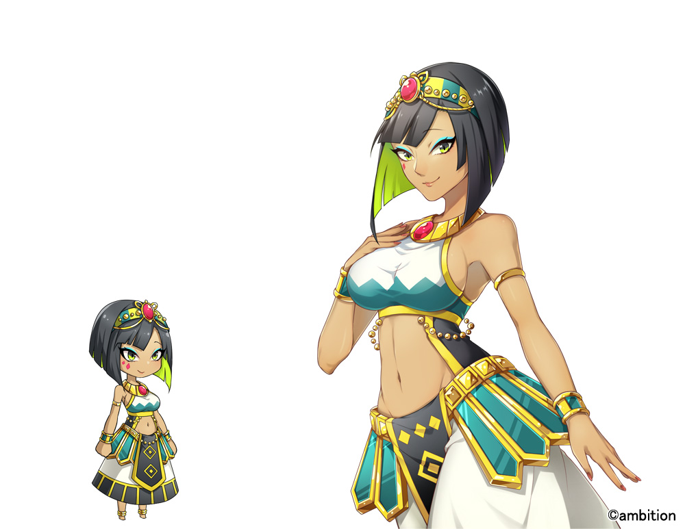 1girl, aki_no_jikan, armlet, arms_at_sides, bare_shoulders, black_hair, bracelet, breasts, dark_skin, eyeshadow, facepaint, green_eyes, groin, hair_ornament, hairband, hand_up, jewelry, looking_at_viewer, makeup, maru-kichi, multiple_views, nail_polish, navel, official_art, red_nails, sideboob, skirt, smile, standing, watermark, white_skirt