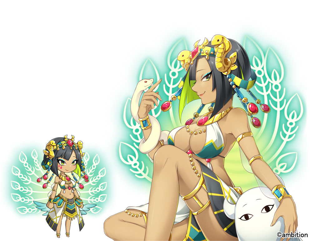 1girl, aki_no_jikan, armlet, arms_at_sides, bare_shoulders, black_hair, bracelet, breasts, cleavage, dark_skin, eyeshadow, facepaint, green_eyes, hair_ornament, jewelry, leglet, looking_at_viewer, makeup, maru-kichi, medium_breasts, multiple_views, navel, official_art, sitting, smile, snake, snake_hair_ornament, standing, watermark