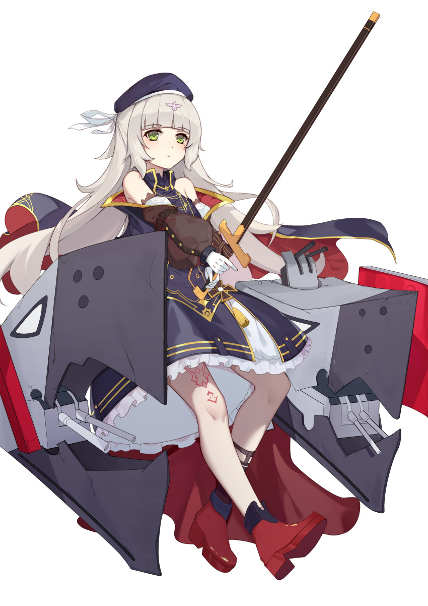 1girl, :<, absurdres, ankle_boots, azur_lane, bangs, bare_shoulders, beret