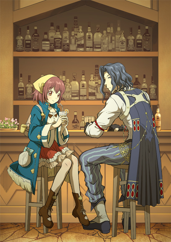 1boy, 1girl, atelier_(series), atelier_sophie, back, bag, bandanna, black_hair