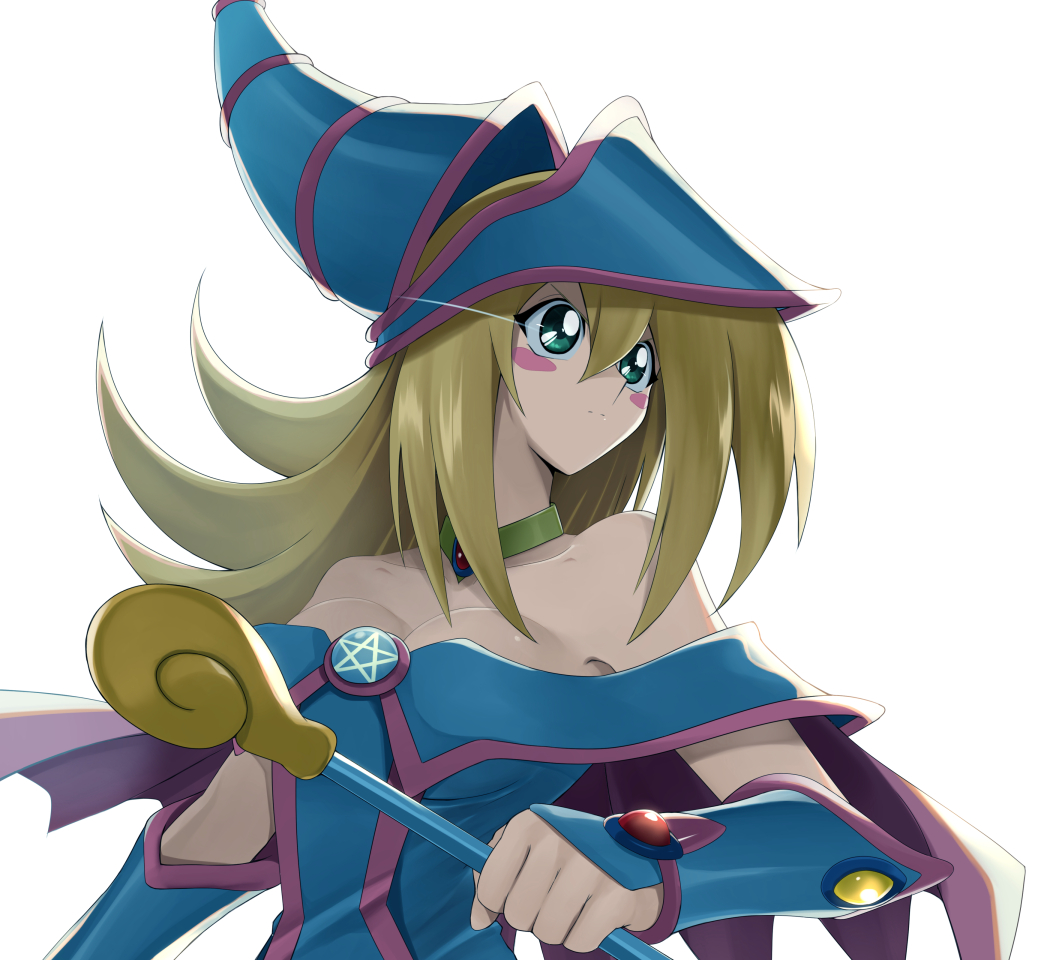 1girl, bare_shoulders, blonde_hair, blush_stickers, breasts, choker, cleavage, dark_magician_girl