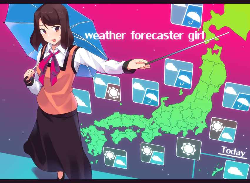 1girl, :d, black_skirt, blue_umbrella, brown_eyes, forecast, gradient, gradient_background
