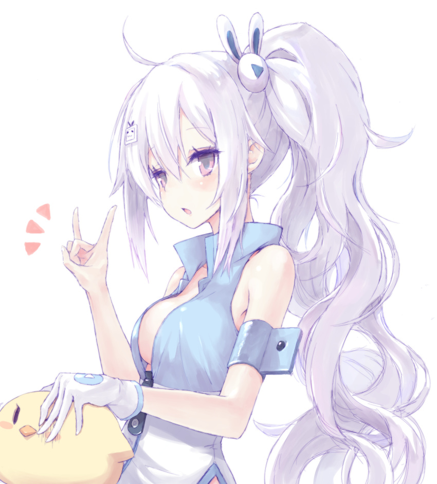 1girl, ahoge, armband, azur_lane, bangs, bare_shoulders, bili_girl_33, bili_girl_33_(cosplay), blush, breasts, bunny_hair_ornament, buran_(kure), collarbone, cosplay, dot_nose, eyebrows, eyebrows_visible_through_hair, eyelashes, from_side, gloves, hair_between_eyes, hair_ornament, half-closed_eyes, highres, laffey_(azur_lane), long_hair, looking_at_viewer, miniskirt, open_mouth, plush_animal, popped_collar, red_eyes, shirt, side_ponytail, sidelocks, simple_background, skirt, sleeveless, sleeveless_shirt, small_breasts, solo, turret, unzipped, white_background, white_gloves, white_hair, white_skirt, zipper_pull_tab