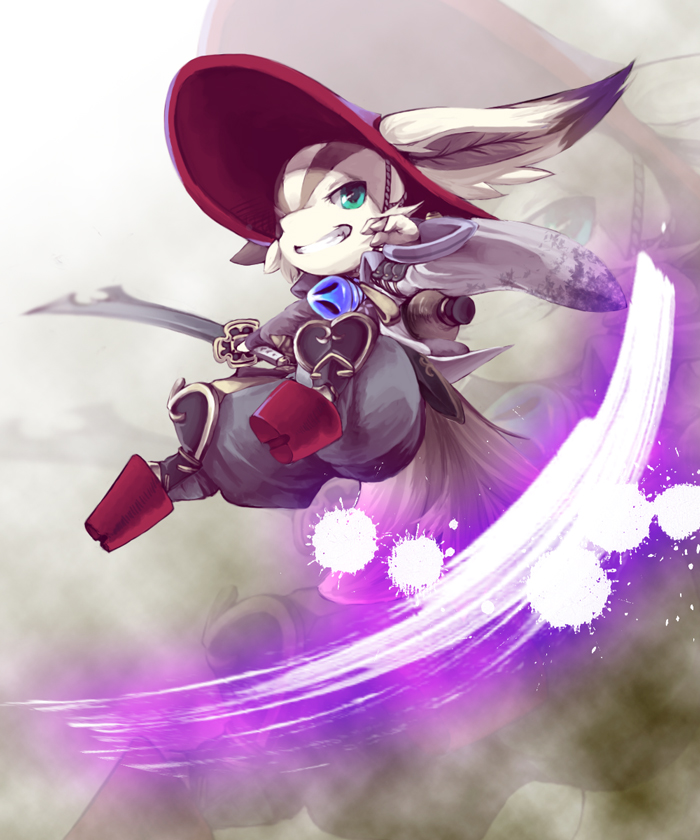 1boy, animal_ears, atelier_(series), atelier_shallie, furry, green_eyes, hat, homura_(atelier), japanese_clothes, male_focus, rabbit_ears, rukani, sandals, solo, sword, teeth, weapon