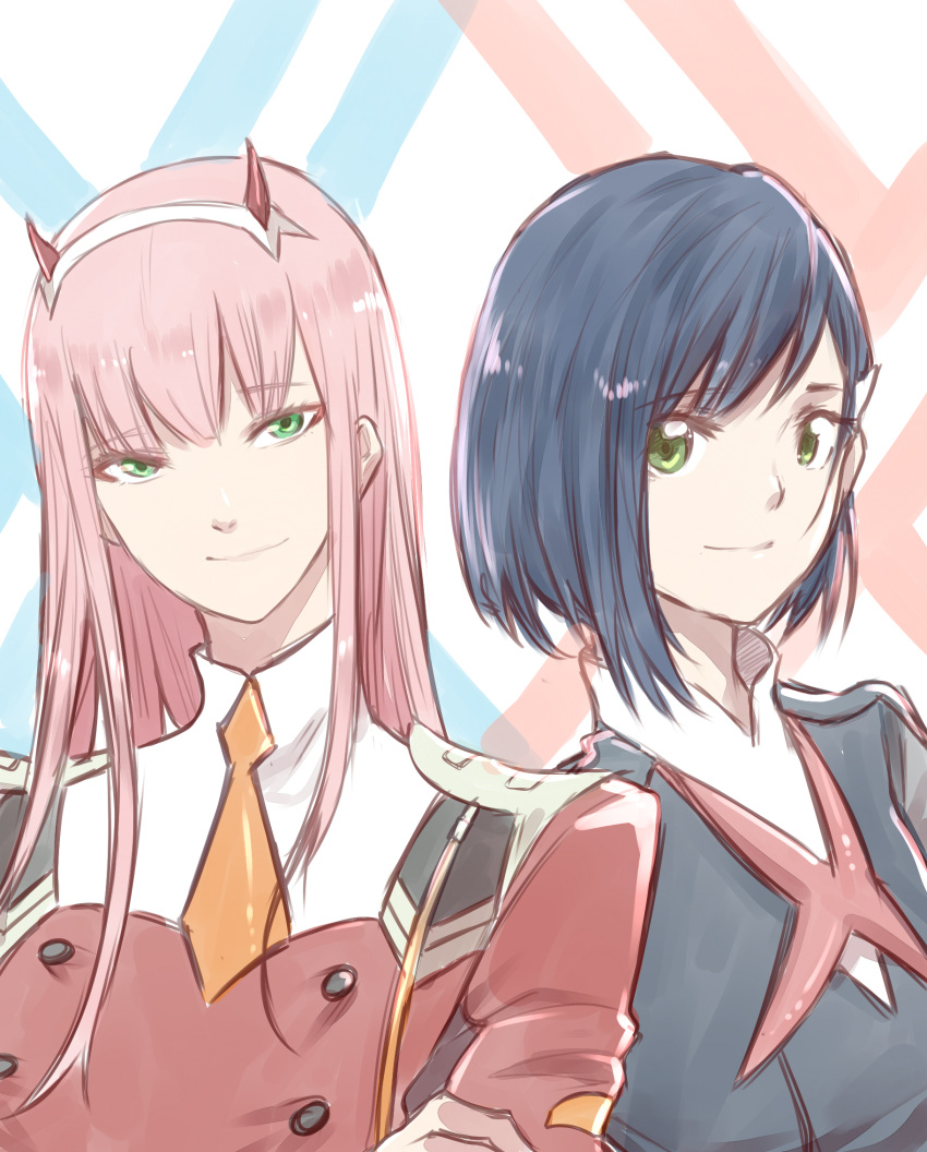 2girls, blue_hair, darling_in_the_franxx, eyebrows_visible_through_hair, green_eyes, hairband, highres, horns
