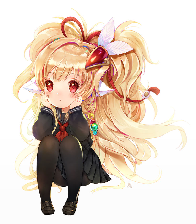 1girl, 61um, animal_ears, arm_rest, beads, black_legwear, black_shirt, black_skirt