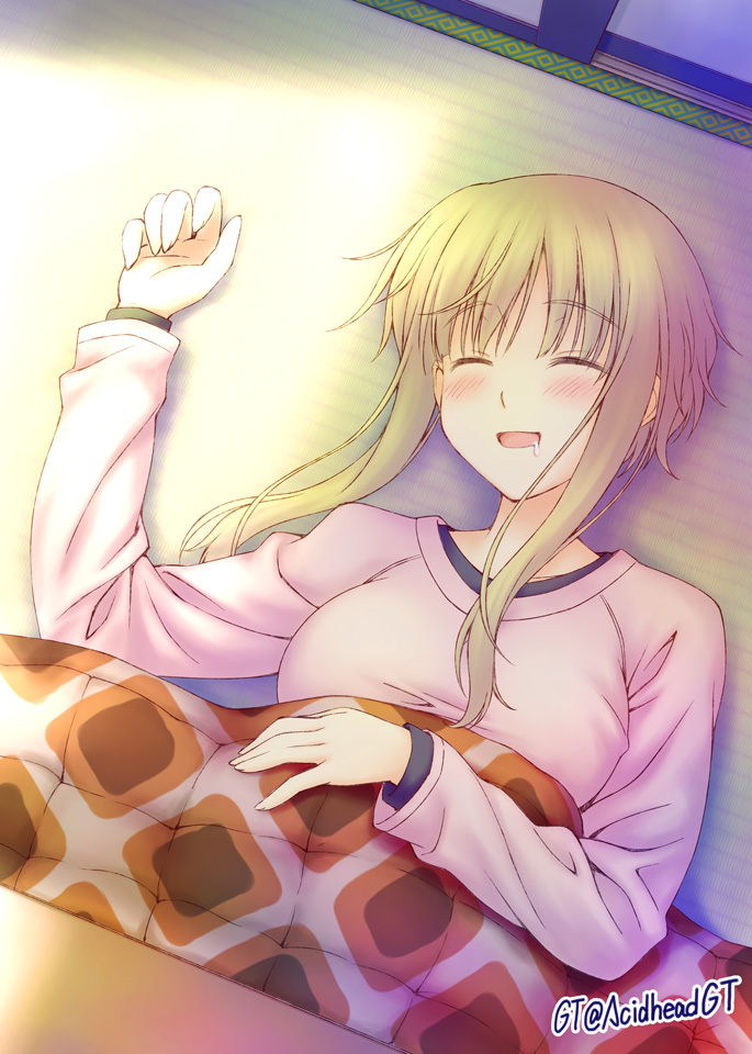 1girl, bed_sheet, blonde_hair, breasts, closed_eyes, gt_(acidhead_gt), happy, kuneru_marta